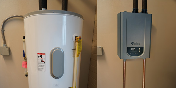 Compact wall-mounted Elios tankless water heater saving space in a utility room.